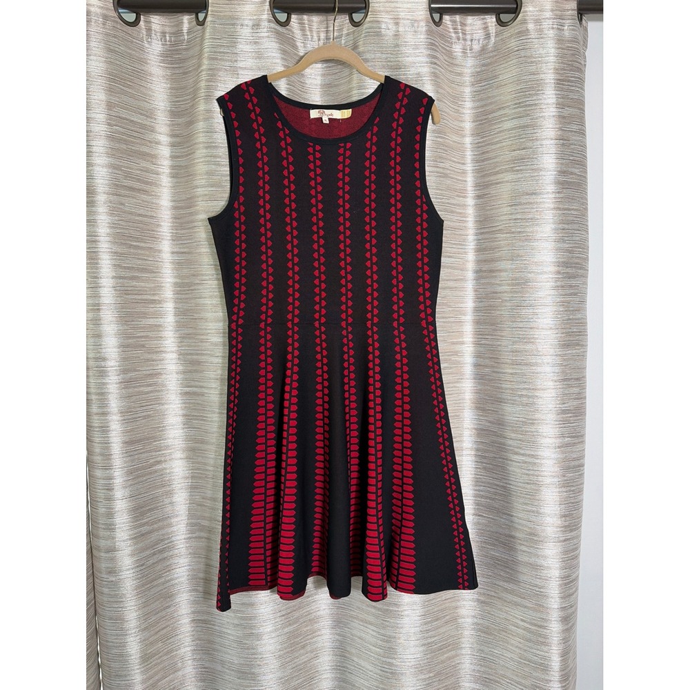 Aryeh Womensโ XL Sleeveless Knit Skater Dress Red Black Geometric Fit Flare 1050